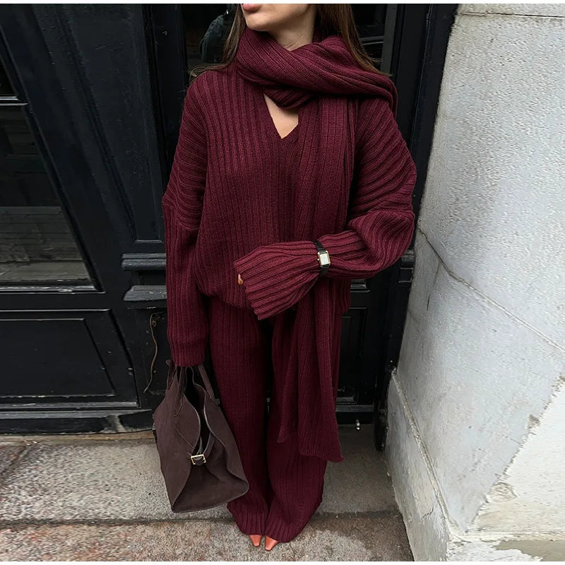 Elegant V-Neck Knit Suit